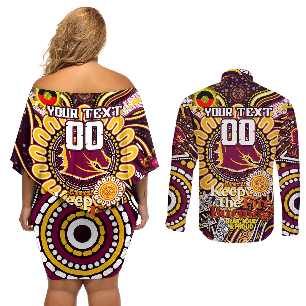 Custom NAIDOC Week 2024 Broncos Couples Matching Off Shoulder Short Dress and Long Sleeve Button Shirt Mascot Rugby
