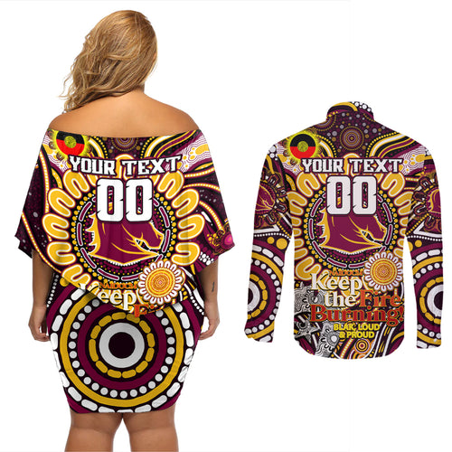 Custom NAIDOC Week 2024 Broncos Couples Matching Off Shoulder Short Dress and Long Sleeve Button Shirt Mascot Rugby