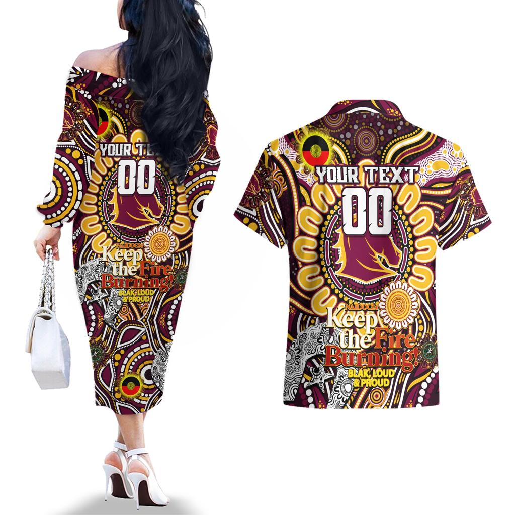 Custom NAIDOC Week 2024 Broncos Couples Matching Off The Shoulder Long Sleeve Dress and Hawaiian Shirt Mascot Rugby