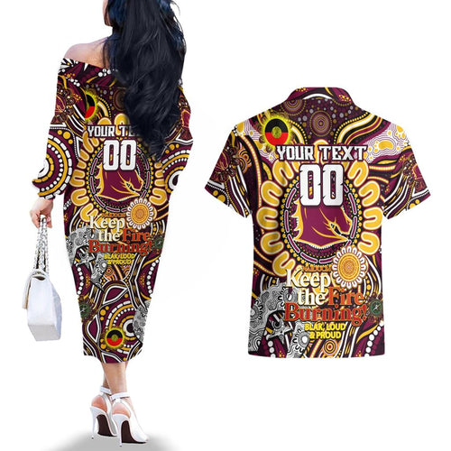 Custom NAIDOC Week 2024 Broncos Couples Matching Off The Shoulder Long Sleeve Dress and Hawaiian Shirt Mascot Rugby