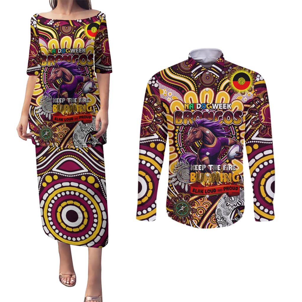 Custom NAIDOC Week 2024 Broncos Couples Matching Puletasi and Long Sleeve Button Shirt Mascot Rugby