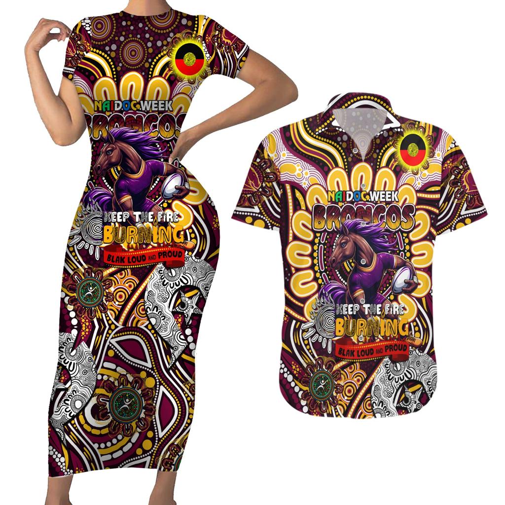 Custom NAIDOC Week 2024 Broncos Couples Matching Short Sleeve Bodycon Dress and Hawaiian Shirt Mascot Rugby