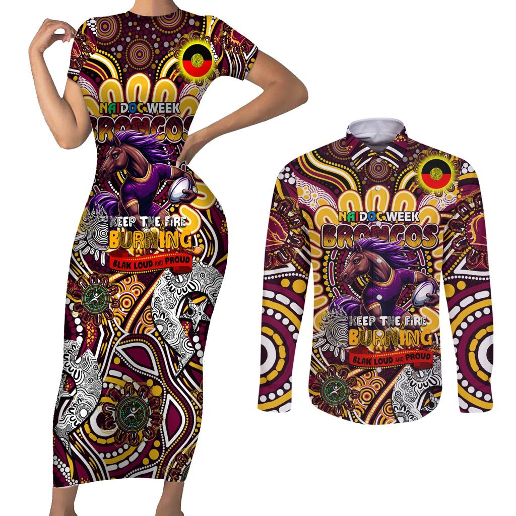 Custom NAIDOC Week 2024 Broncos Couples Matching Short Sleeve Bodycon Dress and Long Sleeve Button Shirt Mascot Rugby