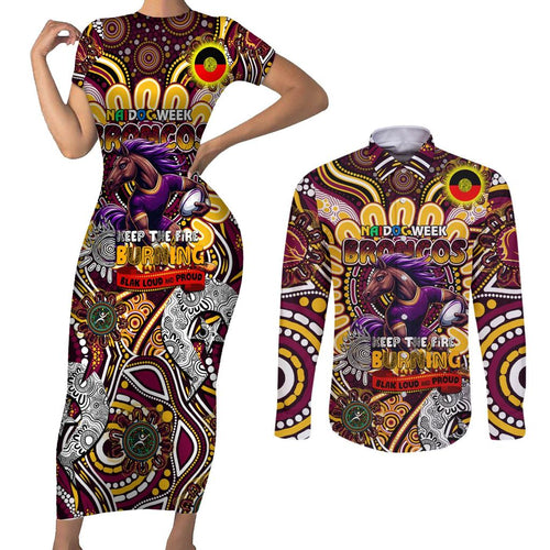 Custom NAIDOC Week 2024 Broncos Couples Matching Short Sleeve Bodycon Dress and Long Sleeve Button Shirt Mascot Rugby