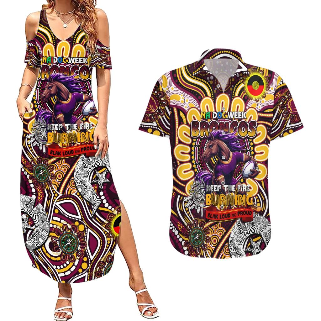 Custom NAIDOC Week 2024 Broncos Couples Matching Summer Maxi Dress and Hawaiian Shirt Mascot Rugby