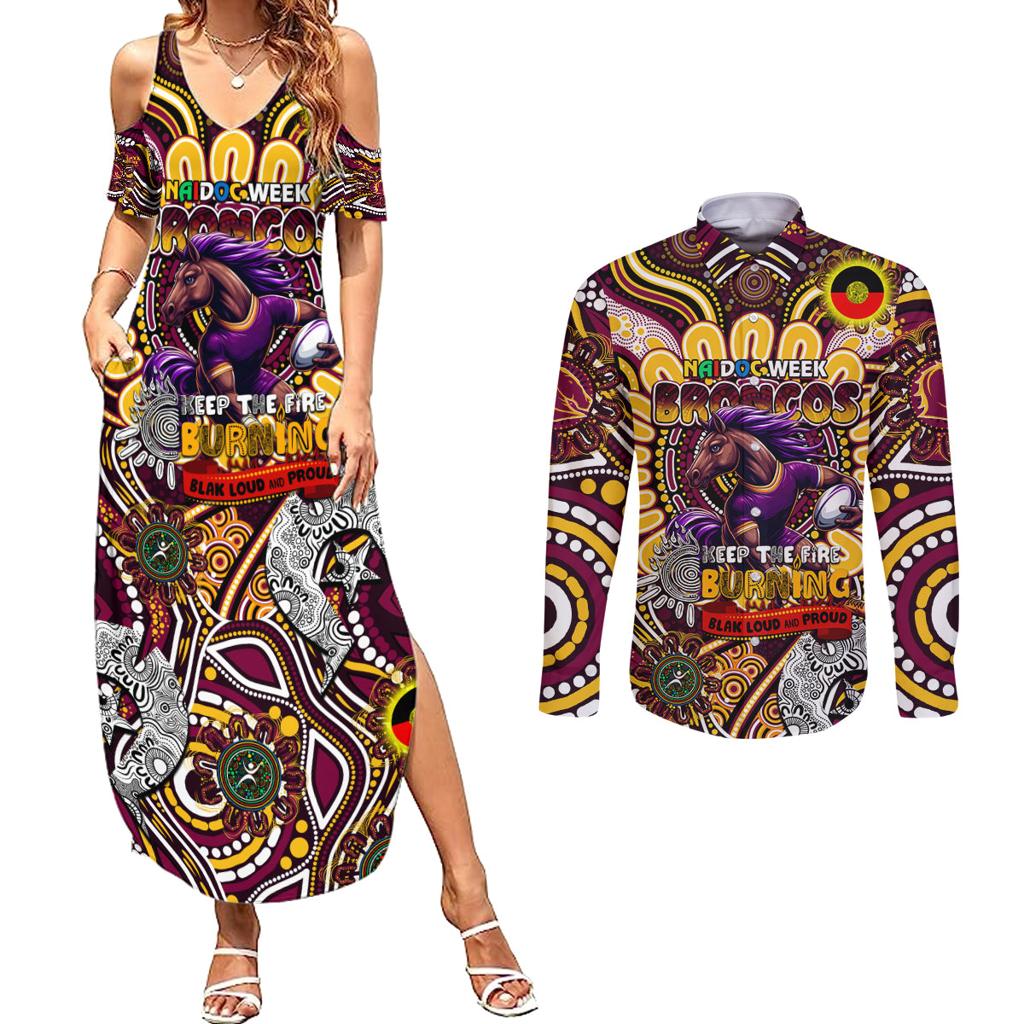 Custom NAIDOC Week 2024 Broncos Couples Matching Summer Maxi Dress and Long Sleeve Button Shirt Mascot Rugby