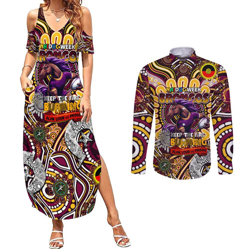 Custom NAIDOC Week 2024 Broncos Couples Matching Summer Maxi Dress and Long Sleeve Button Shirt Mascot Rugby
