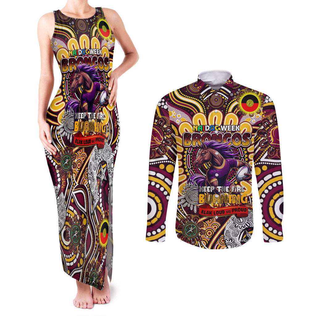 Custom NAIDOC Week 2024 Broncos Couples Matching Tank Maxi Dress and Long Sleeve Button Shirt Mascot Rugby