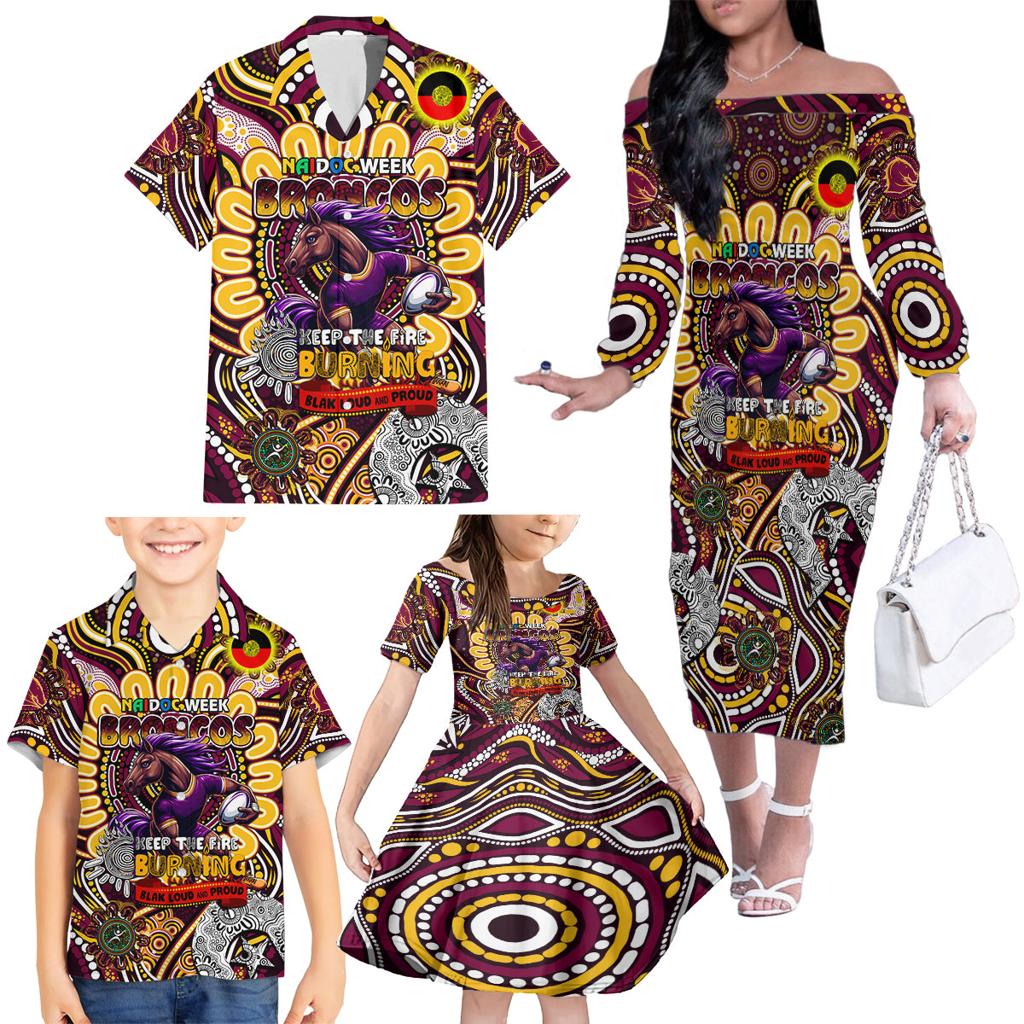 Custom NAIDOC Week 2024 Broncos Family Matching Off The Shoulder Long Sleeve Dress and Hawaiian Shirt Mascot Rugby