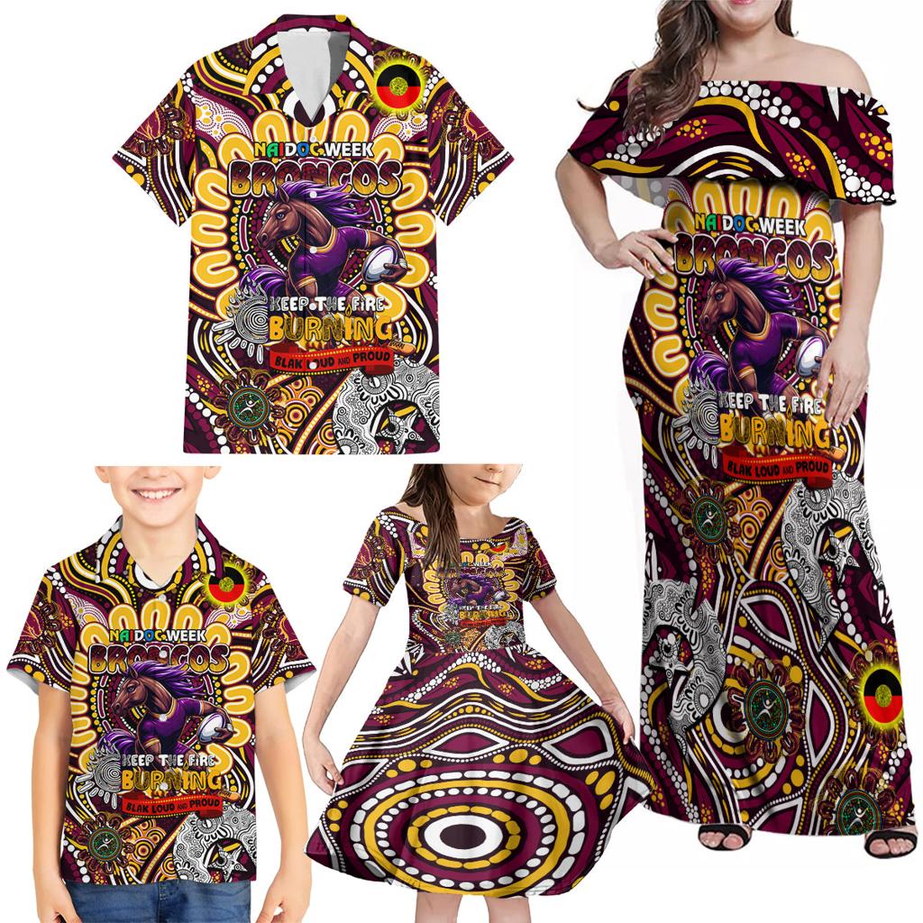 Custom NAIDOC Week 2024 Broncos Family Matching Off Shoulder Maxi Dress and Hawaiian Shirt Mascot Rugby