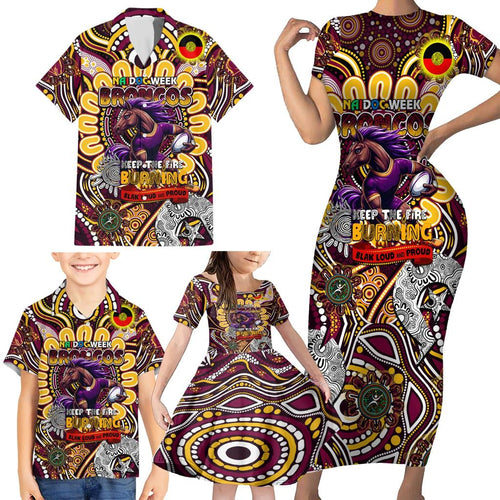 Custom NAIDOC Week 2024 Broncos Family Matching Short Sleeve Bodycon Dress and Hawaiian Shirt Mascot Rugby