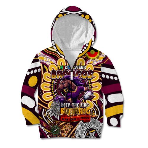 Custom NAIDOC Week 2024 Broncos Kid Hoodie Mascot Rugby