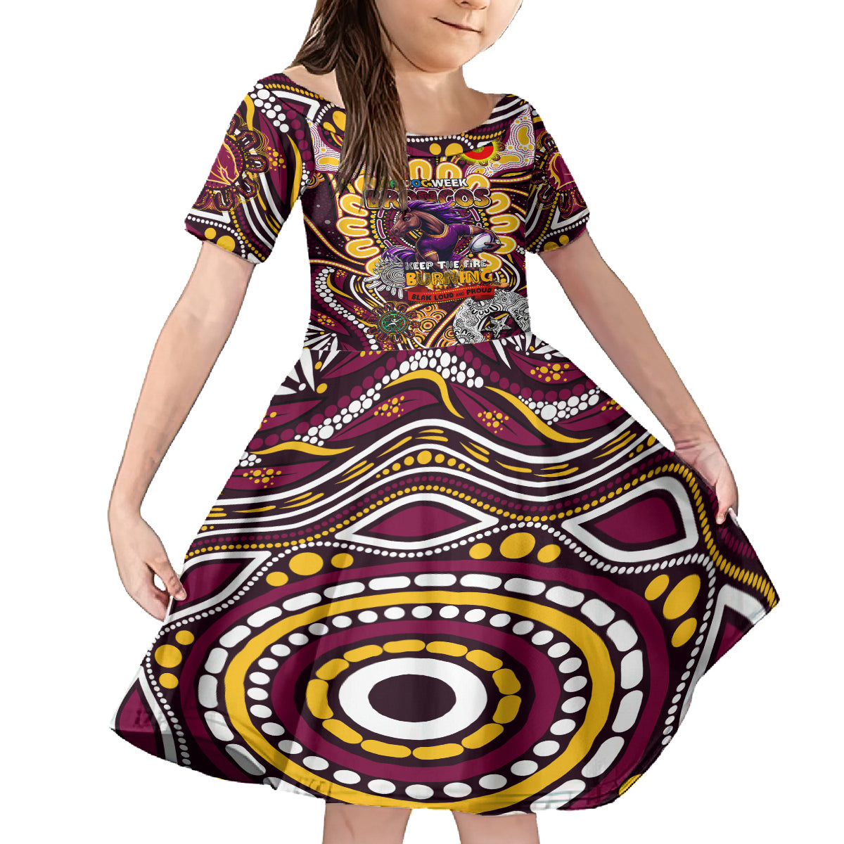 Custom NAIDOC Week 2024 Broncos Kid Short Sleeve Dress Mascot Rugby