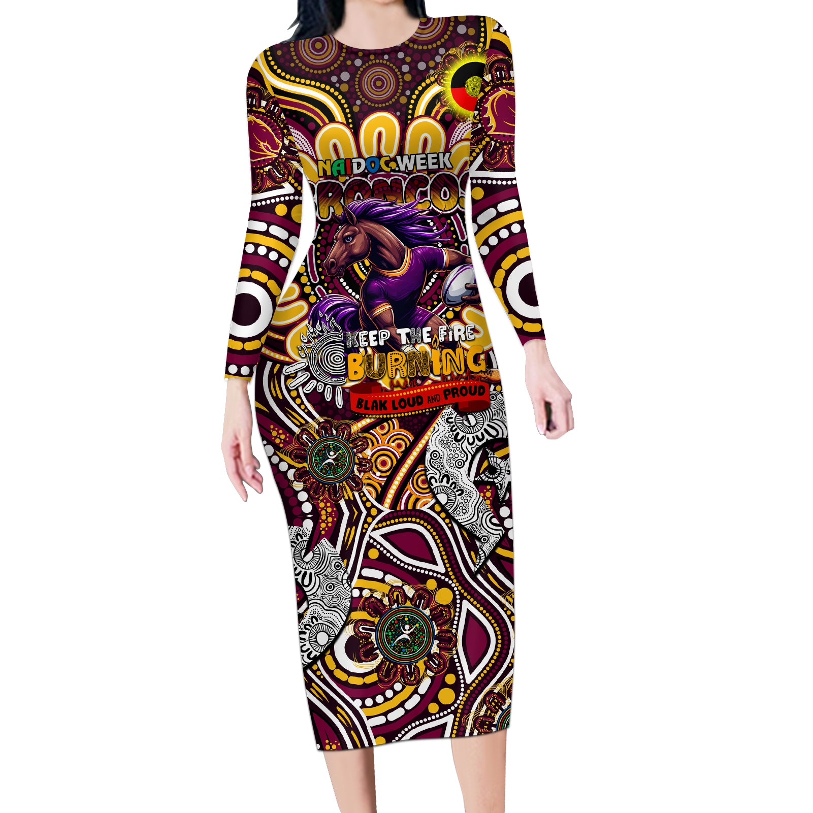Custom NAIDOC Week 2024 Broncos Long Sleeve Bodycon Dress Mascot Rugby