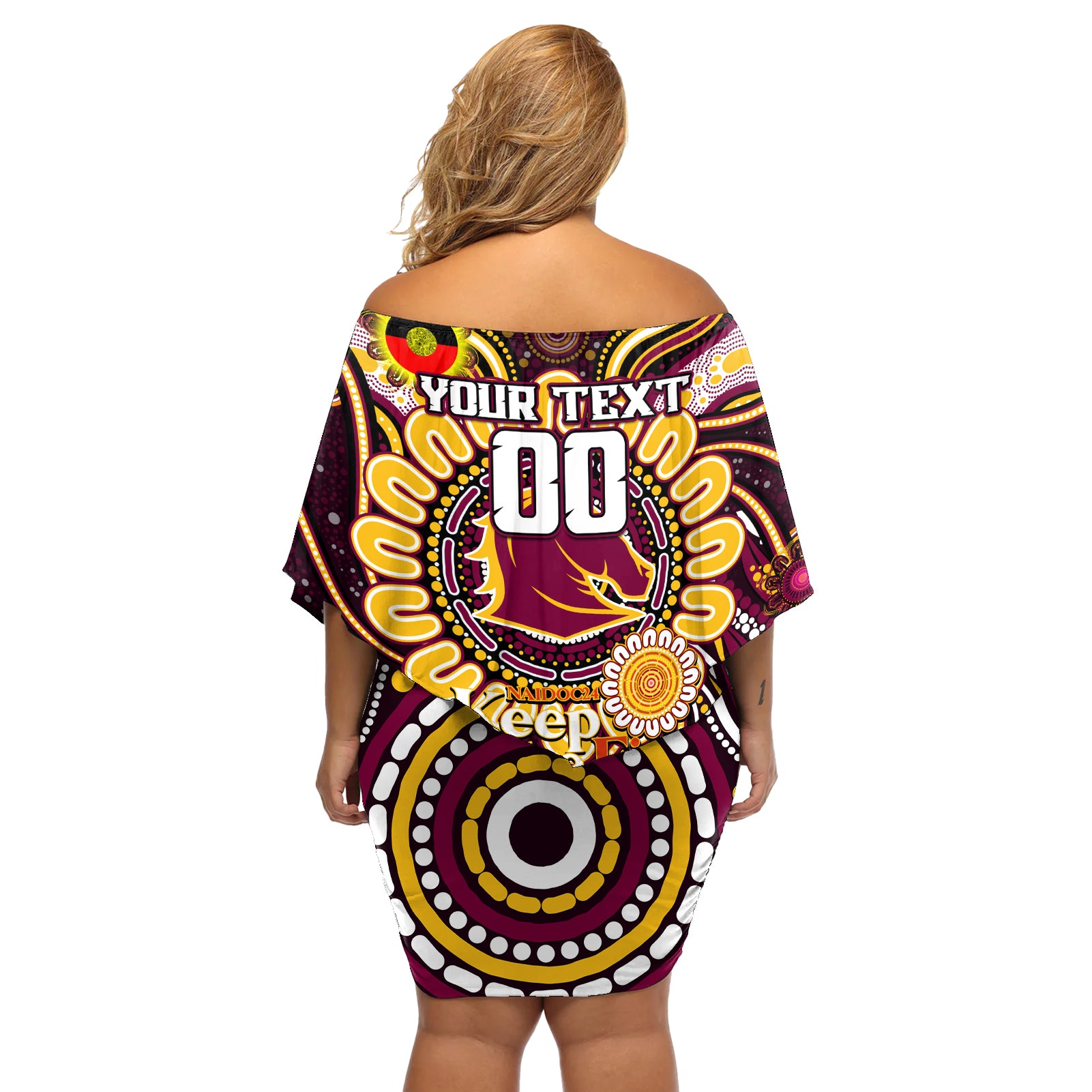 Custom NAIDOC Week 2024 Broncos Off Shoulder Short Dress Mascot Rugby