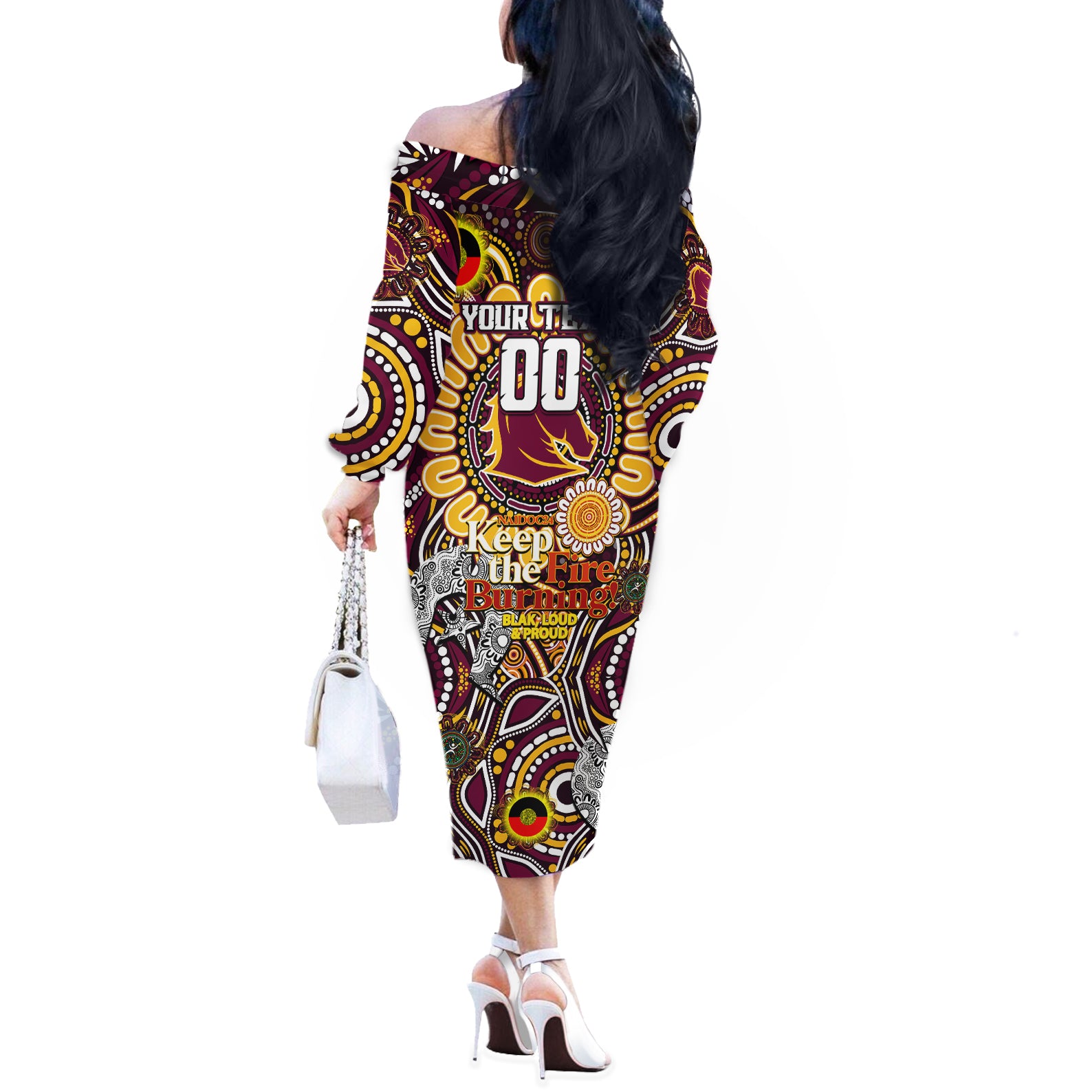 Custom NAIDOC Week 2024 Broncos Off The Shoulder Long Sleeve Dress Mascot Rugby