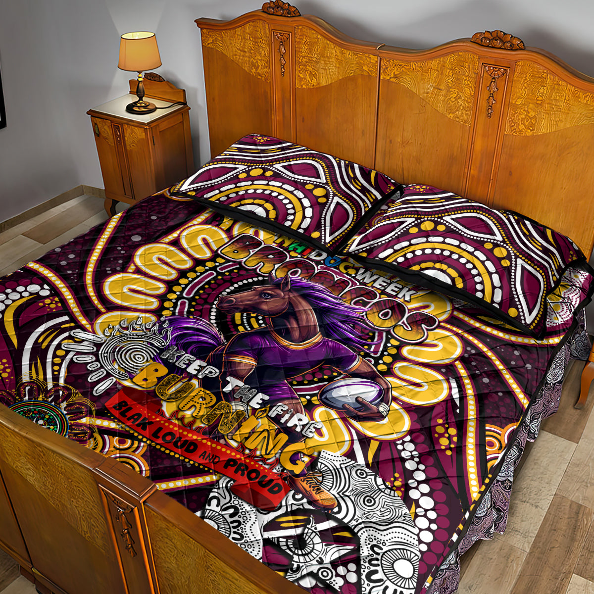 NAIDOC Week 2024 Broncos Quilt Bed Set Mascot Rugby
