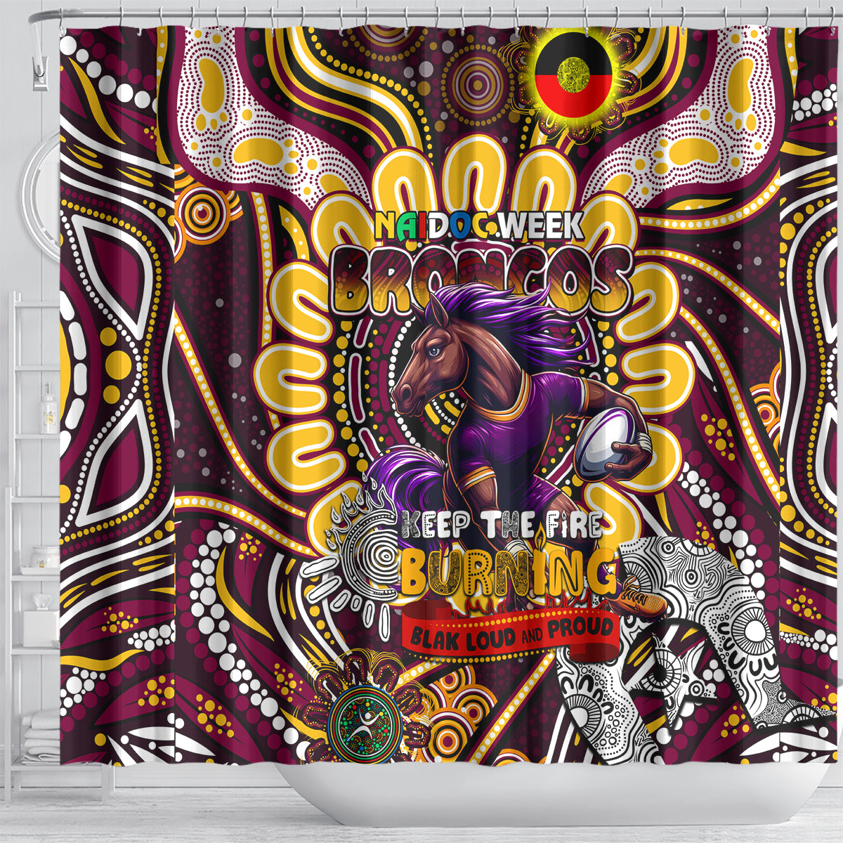 NAIDOC Week 2024 Broncos Shower Curtain Mascot Rugby