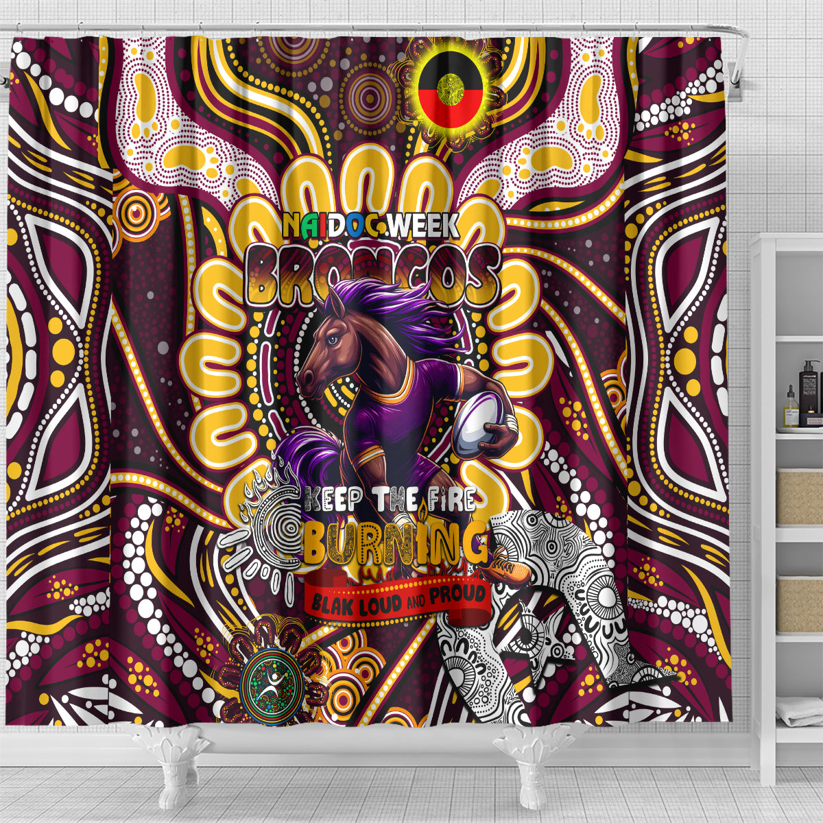 NAIDOC Week 2024 Broncos Shower Curtain Mascot Rugby