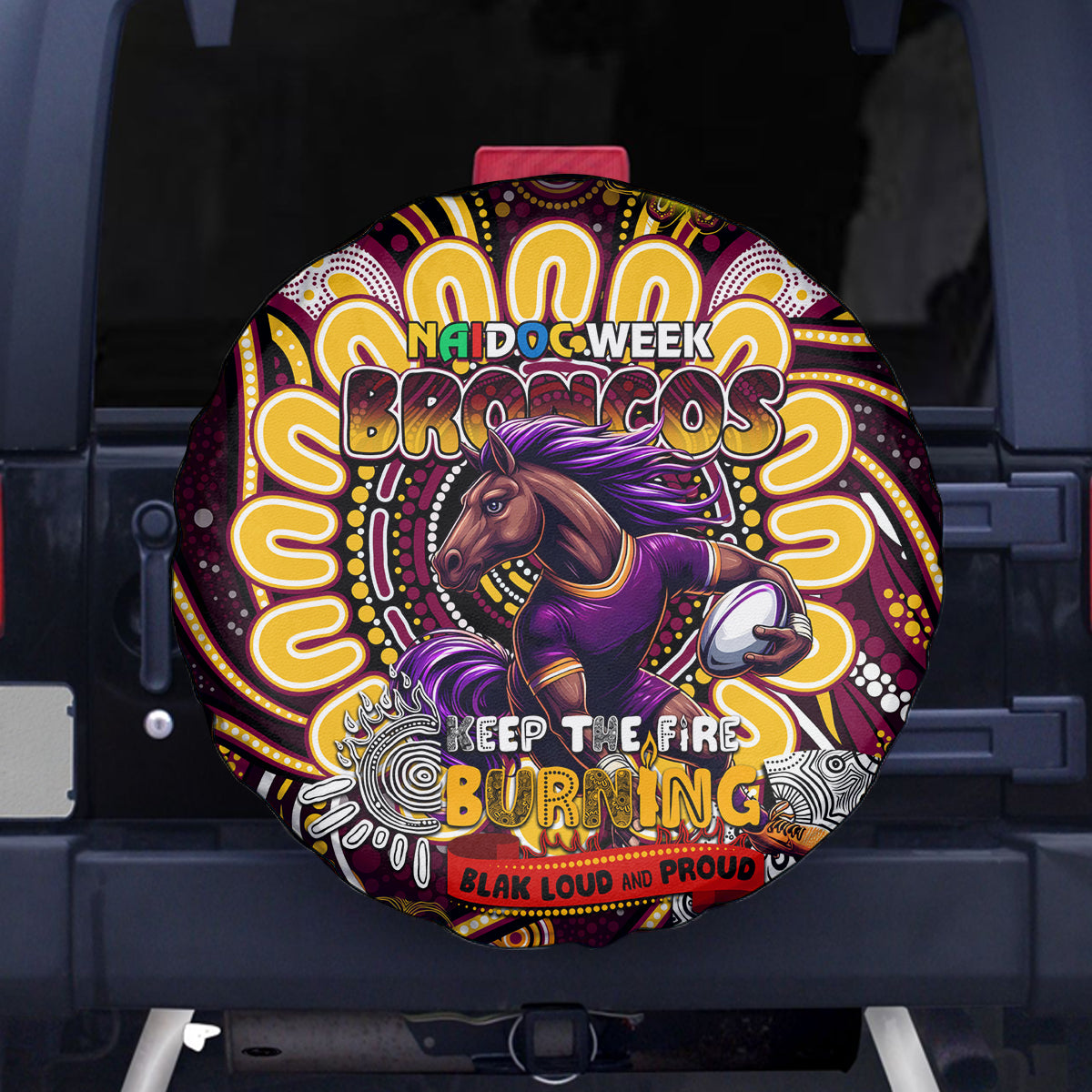NAIDOC Week 2024 Broncos Spare Tire Cover Mascot Rugby