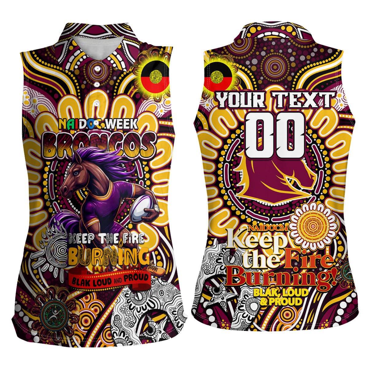Custom NAIDOC Week 2024 Broncos Women Sleeveless Polo Shirt Mascot Rugby