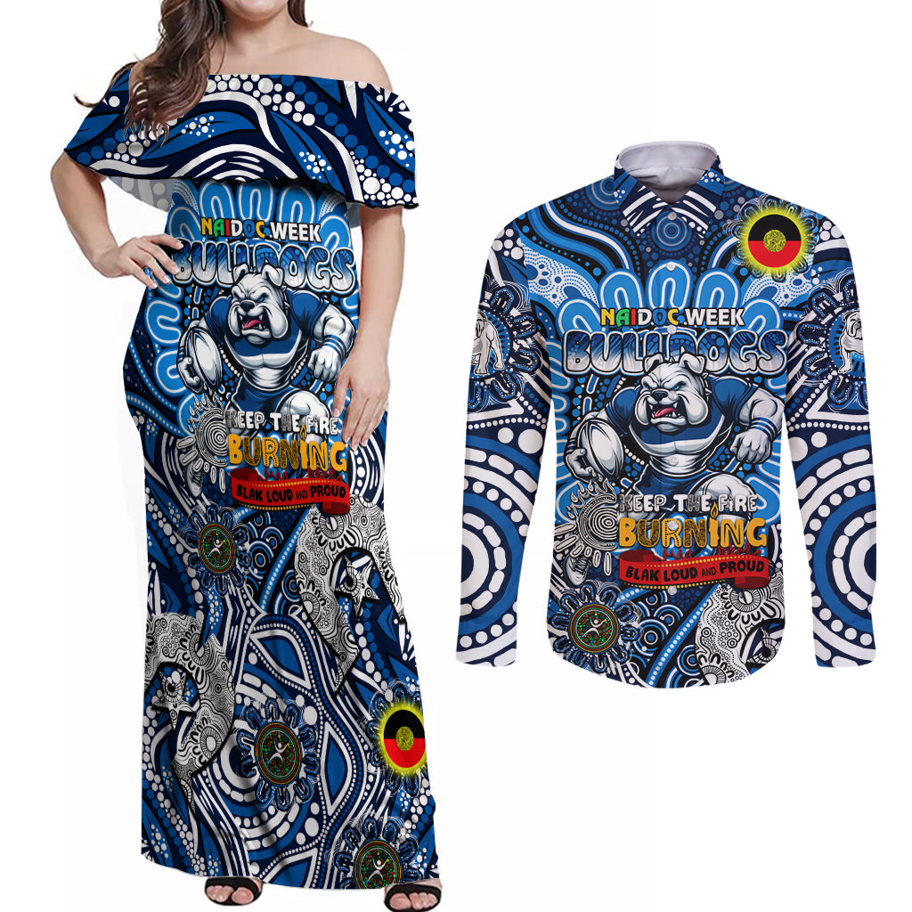 Custom NAIDOC Week 2024 Bulldogs Couples Matching Off Shoulder Maxi Dress and Long Sleeve Button Shirt Mascot Rugby