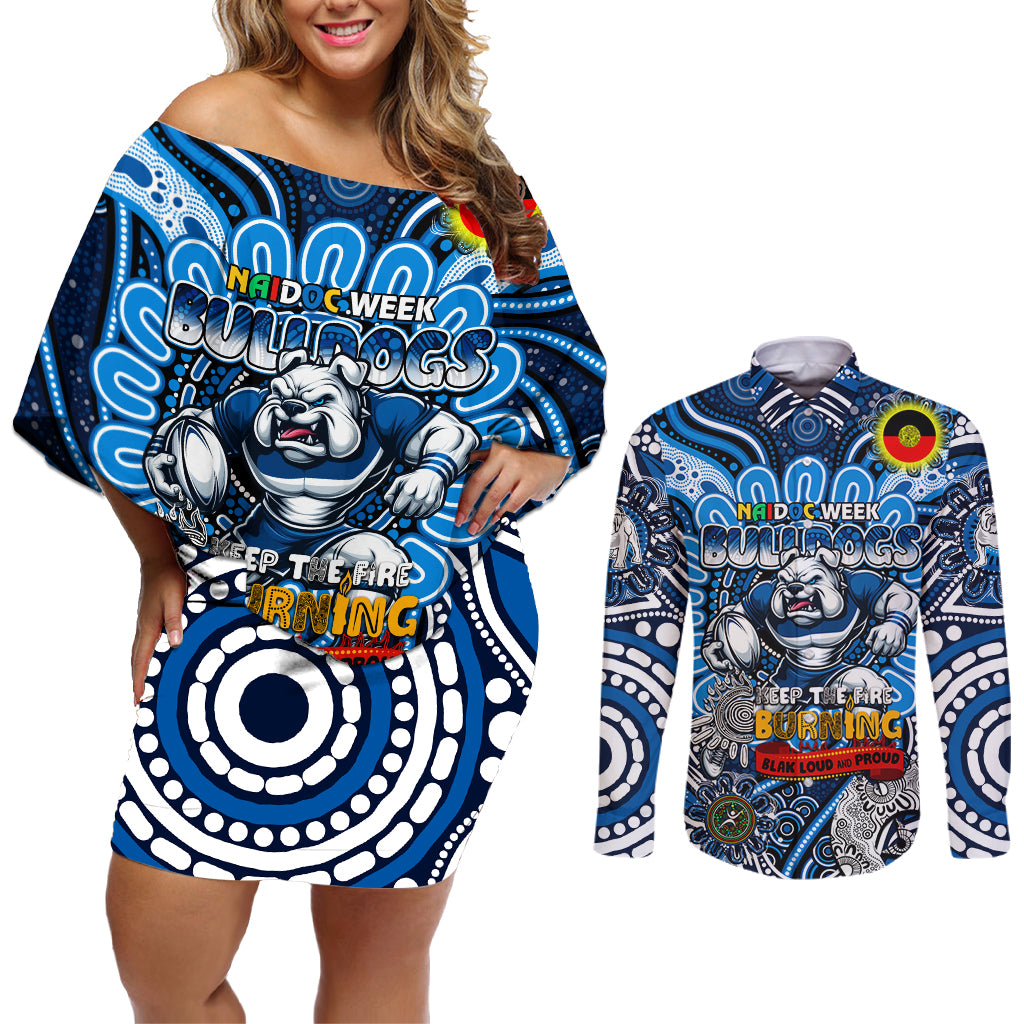 Custom NAIDOC Week 2024 Bulldogs Couples Matching Off Shoulder Short Dress and Long Sleeve Button Shirt Mascot Rugby