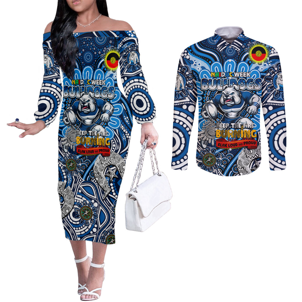 Custom NAIDOC Week 2024 Bulldogs Couples Matching Off The Shoulder Long Sleeve Dress and Long Sleeve Button Shirt Mascot Rugby