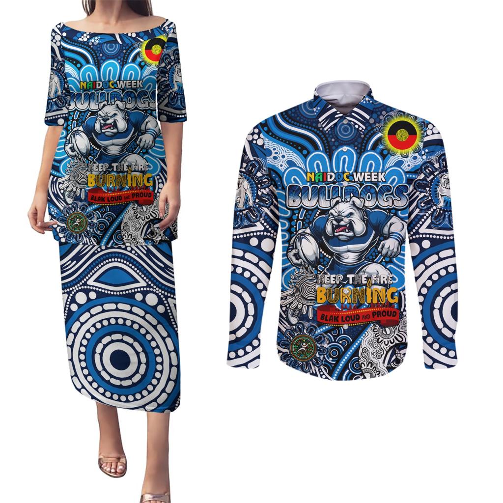 Custom NAIDOC Week 2024 Bulldogs Couples Matching Puletasi and Long Sleeve Button Shirt Mascot Rugby