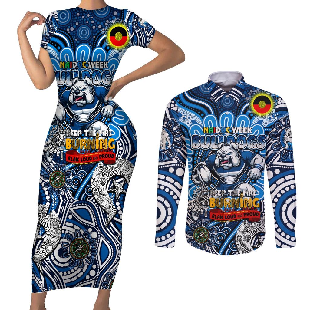 Custom NAIDOC Week 2024 Bulldogs Couples Matching Short Sleeve Bodycon Dress and Long Sleeve Button Shirt Mascot Rugby