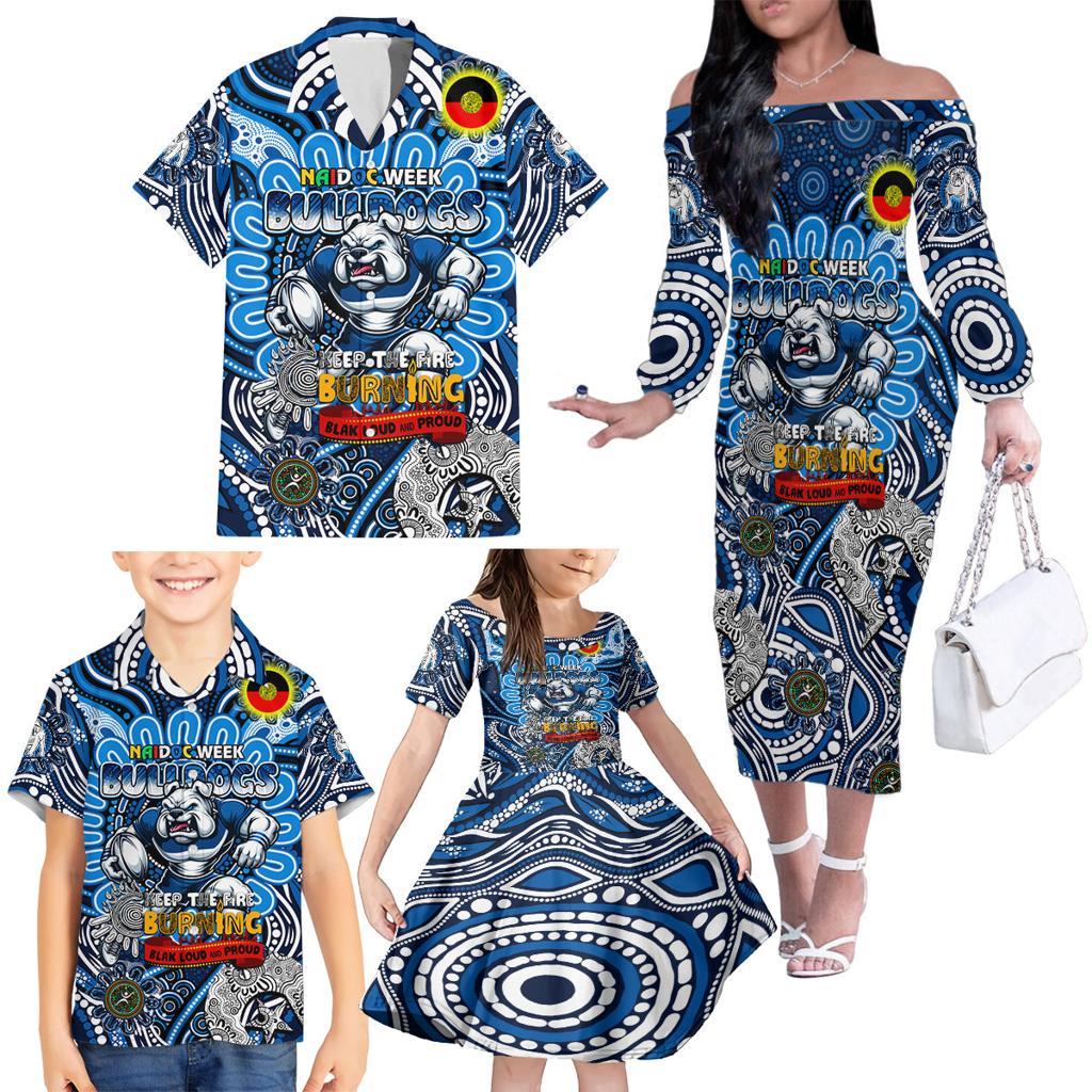 Custom NAIDOC Week 2024 Bulldogs Family Matching Off The Shoulder Long Sleeve Dress and Hawaiian Shirt Mascot Rugby