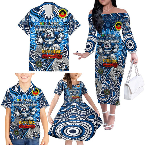 Custom NAIDOC Week 2024 Bulldogs Family Matching Off The Shoulder Long Sleeve Dress and Hawaiian Shirt Mascot Rugby