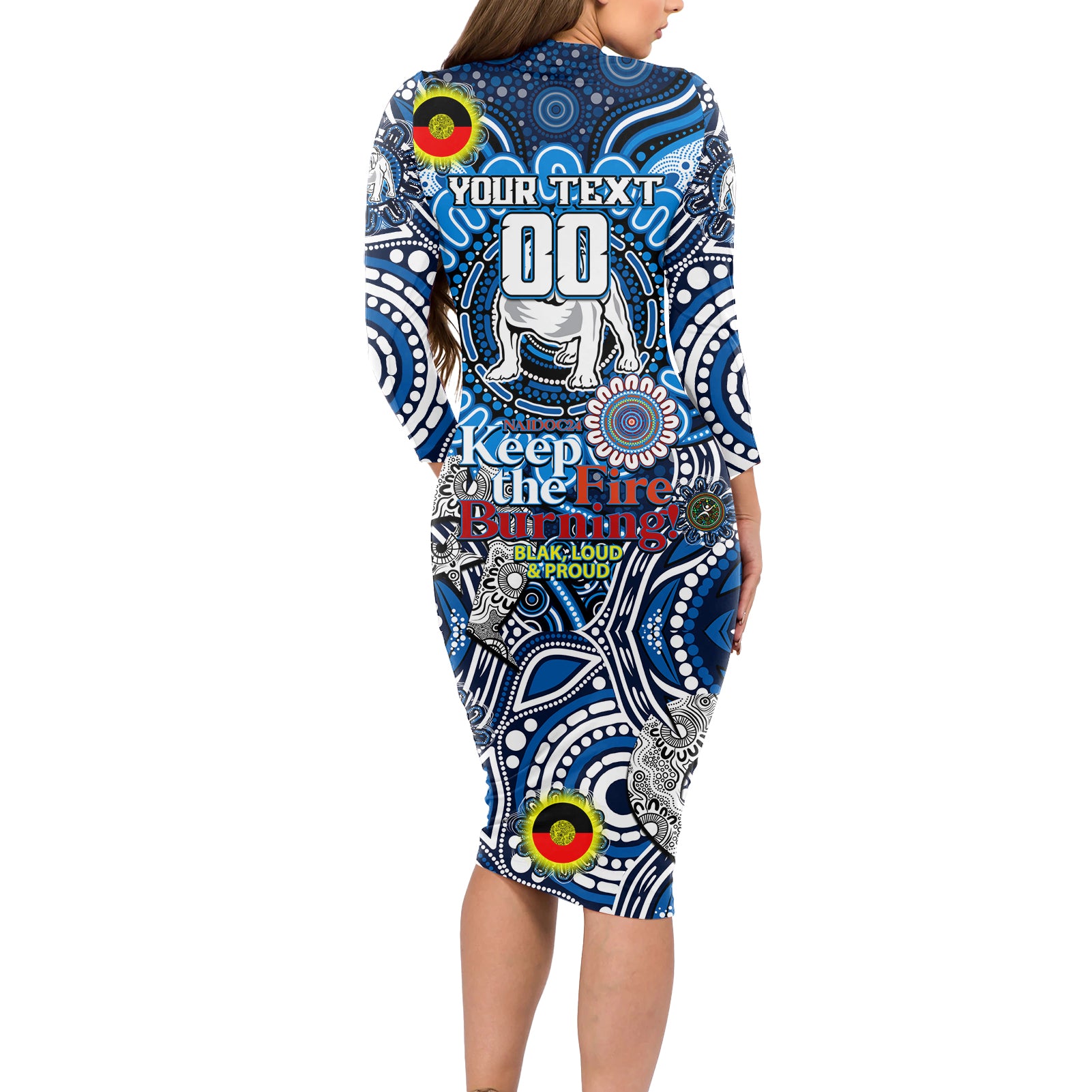 Custom NAIDOC Week 2024 Bulldogs Long Sleeve Bodycon Dress Mascot Rugby