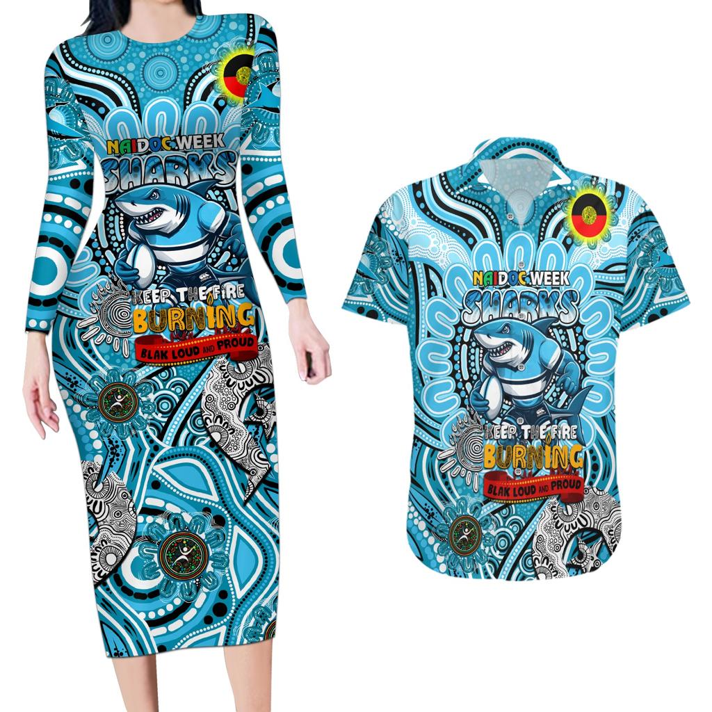 Custom NAIDOC Week 2024 Sharks Couples Matching Long Sleeve Bodycon Dress and Hawaiian Shirt Mascot Rugby