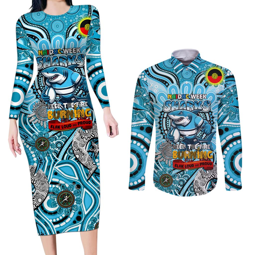 Custom NAIDOC Week 2024 Sharks Couples Matching Long Sleeve Bodycon Dress and Long Sleeve Button Shirt Mascot Rugby