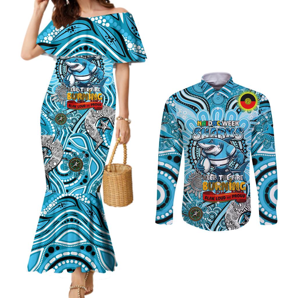 Custom NAIDOC Week 2024 Sharks Couples Matching Mermaid Dress and Long Sleeve Button Shirt Mascot Rugby