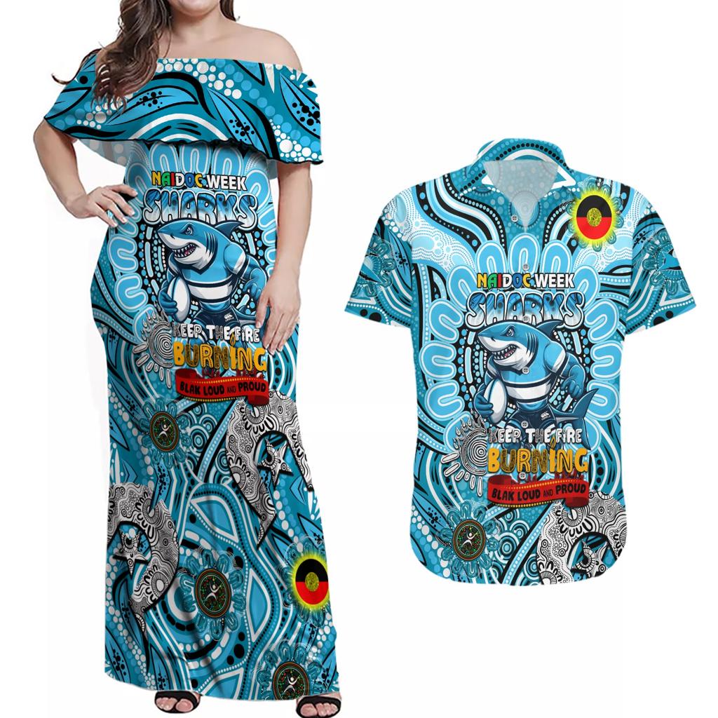 Custom NAIDOC Week 2024 Sharks Couples Matching Off Shoulder Maxi Dress and Hawaiian Shirt Mascot Rugby