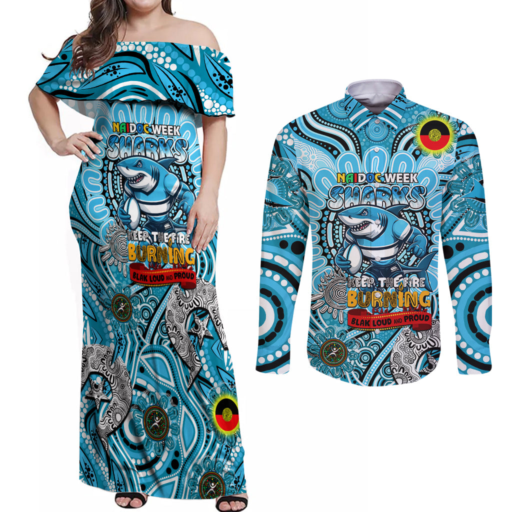 Custom NAIDOC Week 2024 Sharks Couples Matching Off Shoulder Maxi Dress and Long Sleeve Button Shirt Mascot Rugby