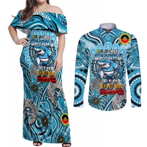 Custom NAIDOC Week 2024 Sharks Couples Matching Off Shoulder Maxi Dress and Long Sleeve Button Shirt Mascot Rugby