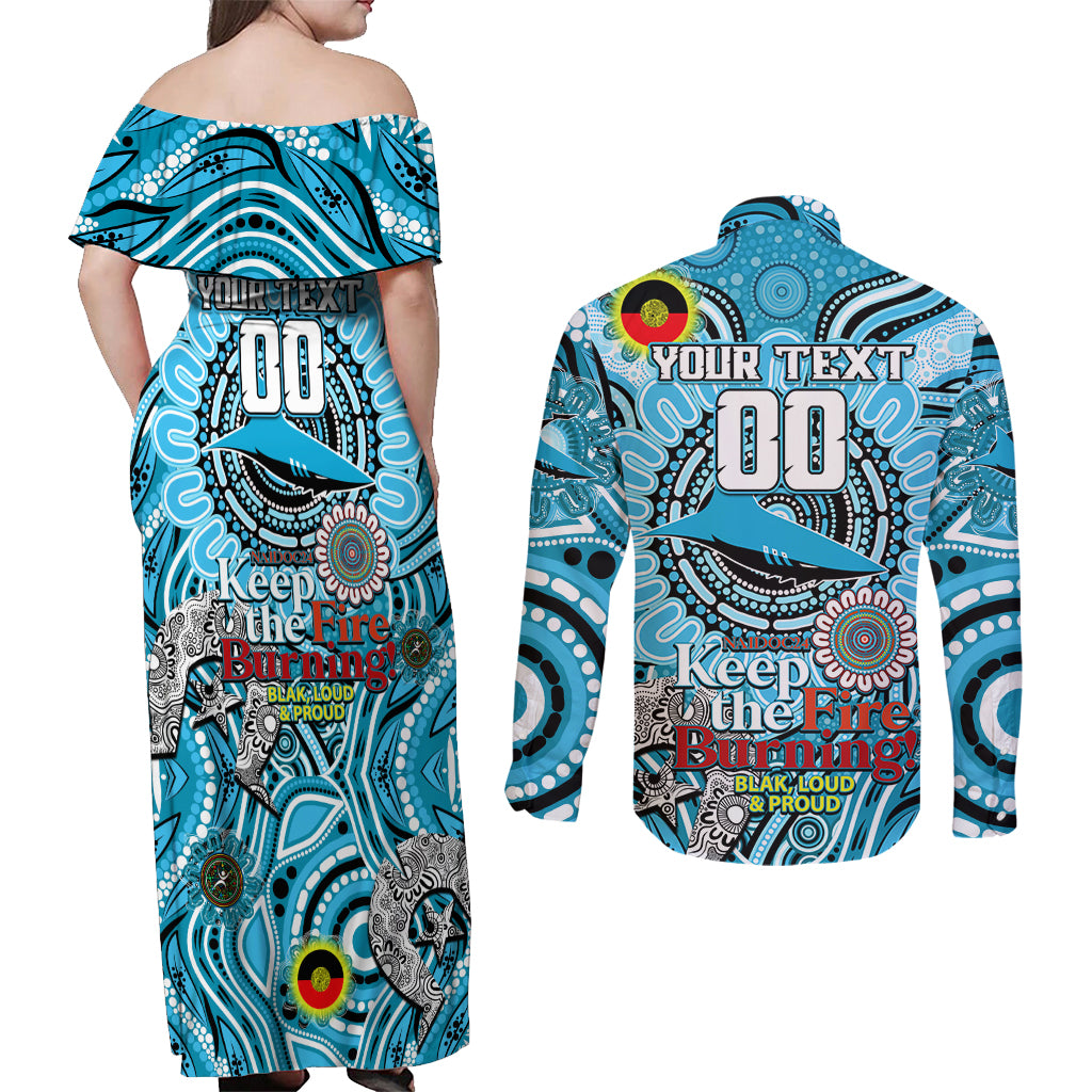 Custom NAIDOC Week 2024 Sharks Couples Matching Off Shoulder Maxi Dress and Long Sleeve Button Shirt Mascot Rugby