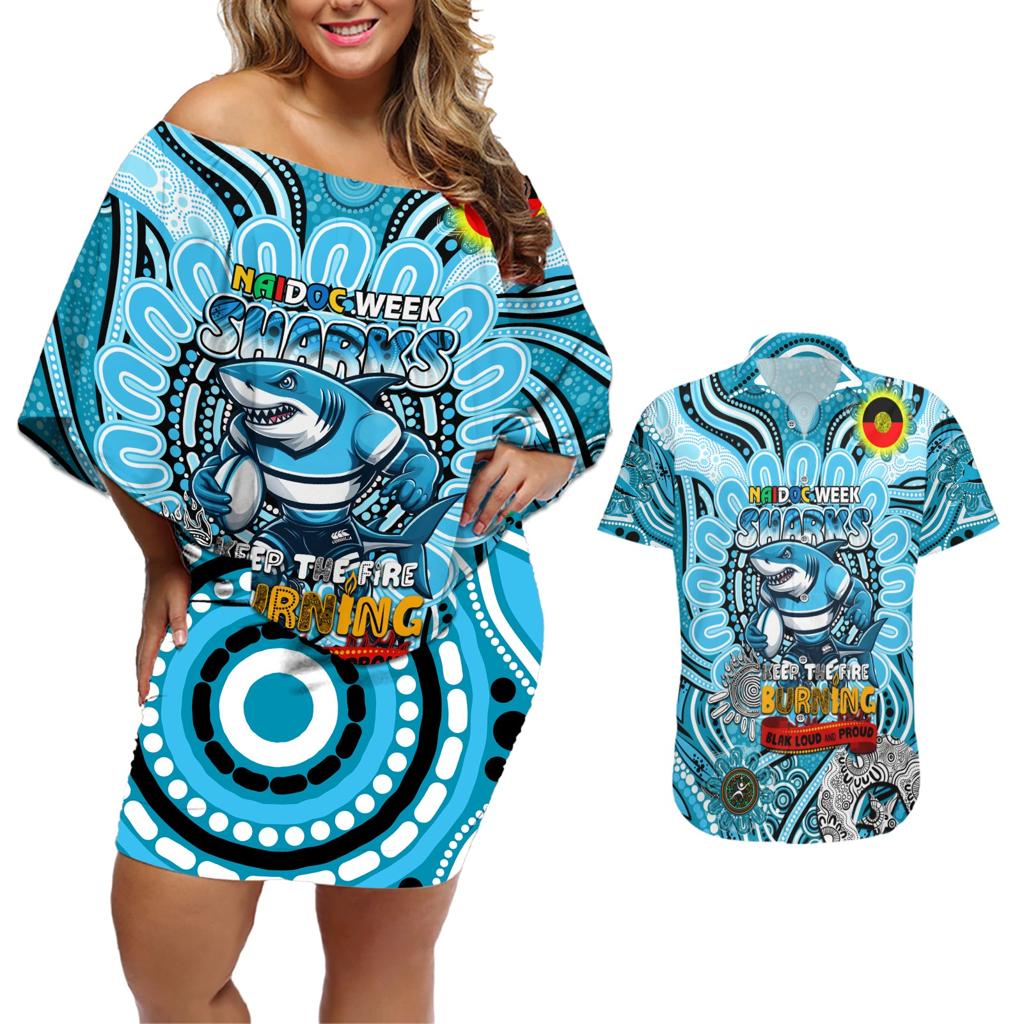 Custom NAIDOC Week 2024 Sharks Couples Matching Off Shoulder Short Dress and Hawaiian Shirt Mascot Rugby