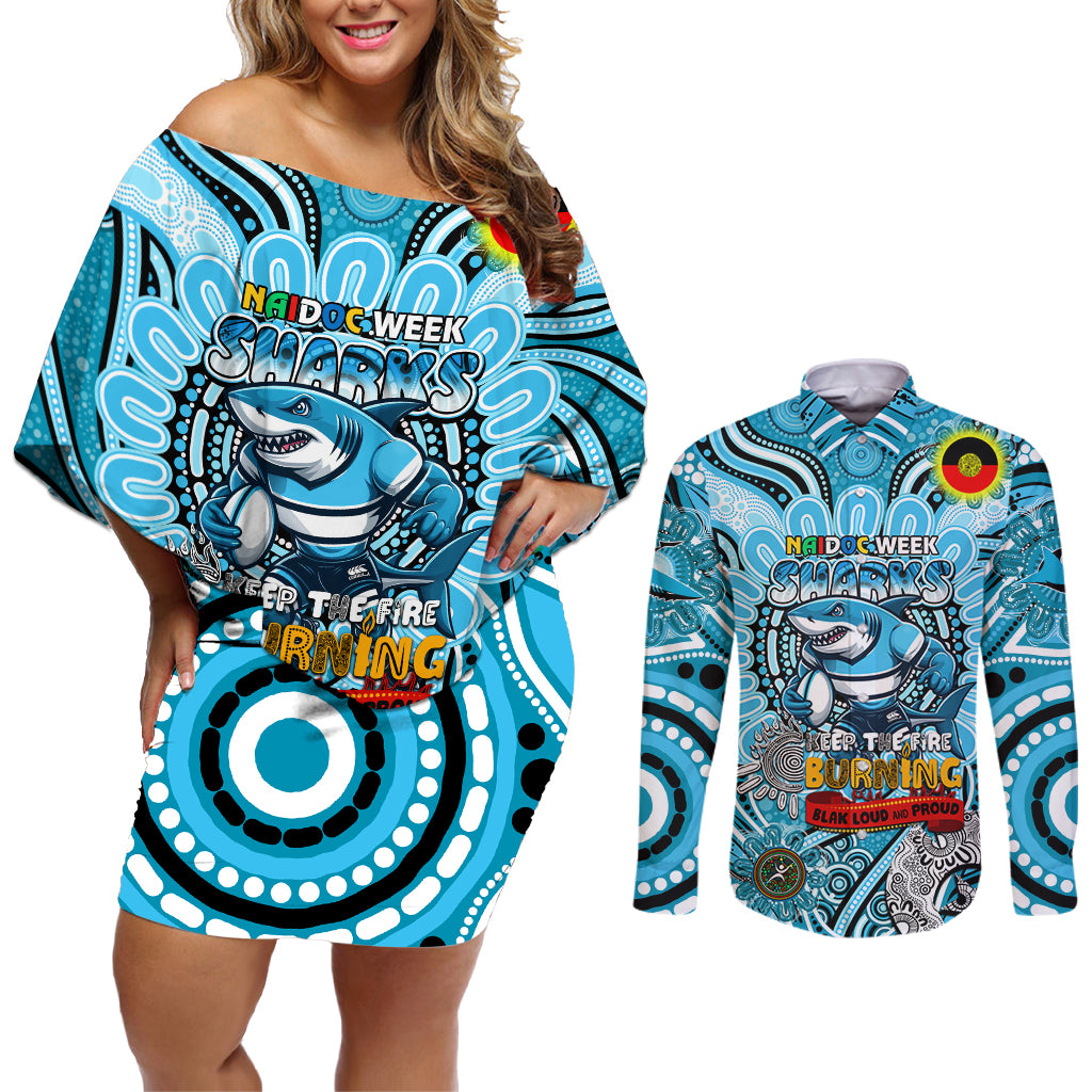 Custom NAIDOC Week 2024 Sharks Couples Matching Off Shoulder Short Dress and Long Sleeve Button Shirt Mascot Rugby