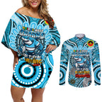 Custom NAIDOC Week 2024 Sharks Couples Matching Off Shoulder Short Dress and Long Sleeve Button Shirt Mascot Rugby
