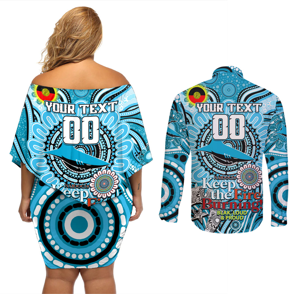Custom NAIDOC Week 2024 Sharks Couples Matching Off Shoulder Short Dress and Long Sleeve Button Shirt Mascot Rugby