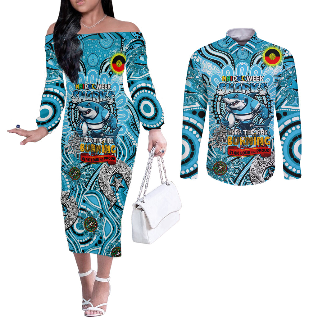 Custom NAIDOC Week 2024 Sharks Couples Matching Off The Shoulder Long Sleeve Dress and Long Sleeve Button Shirt Mascot Rugby