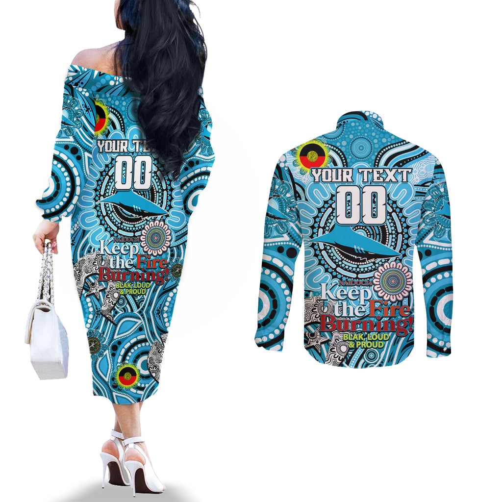 Custom NAIDOC Week 2024 Sharks Couples Matching Off The Shoulder Long Sleeve Dress and Long Sleeve Button Shirt Mascot Rugby