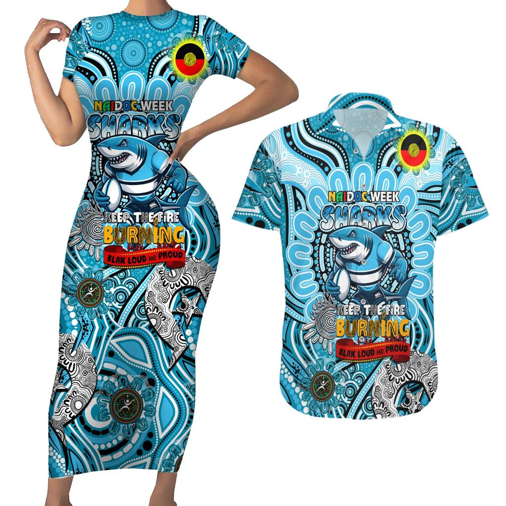 Custom NAIDOC Week 2024 Sharks Couples Matching Short Sleeve Bodycon Dress and Hawaiian Shirt Mascot Rugby