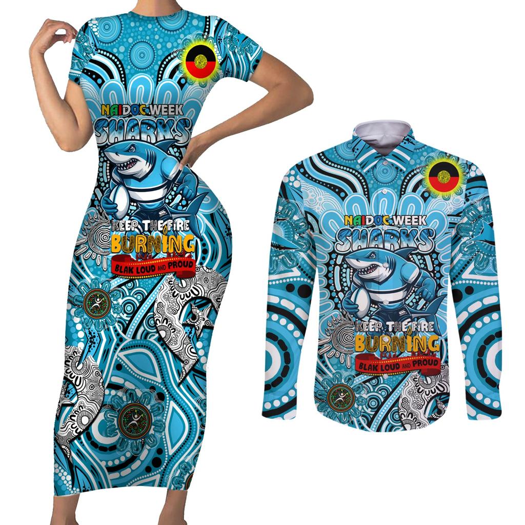 Custom NAIDOC Week 2024 Sharks Couples Matching Short Sleeve Bodycon Dress and Long Sleeve Button Shirt Mascot Rugby
