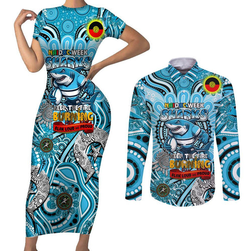 Custom NAIDOC Week 2024 Sharks Couples Matching Short Sleeve Bodycon Dress and Long Sleeve Button Shirt Mascot Rugby
