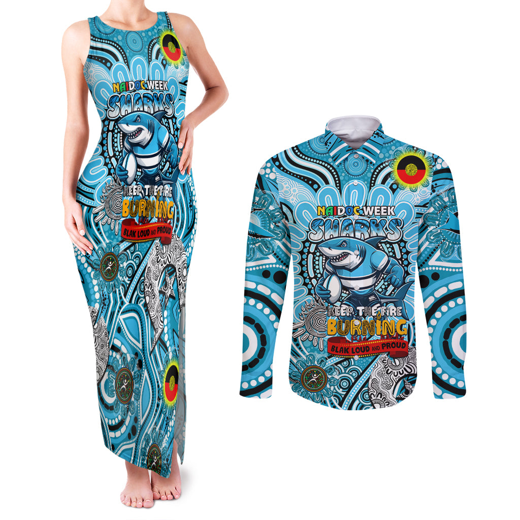 Custom NAIDOC Week 2024 Sharks Couples Matching Tank Maxi Dress and Long Sleeve Button Shirt Mascot Rugby